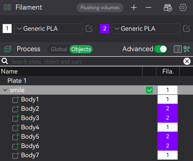 Assigning different filaments to objects in Bambu Studio